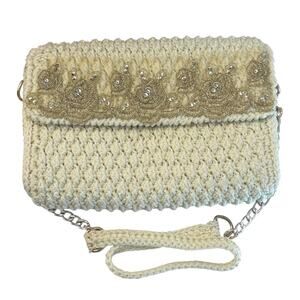 VTG Jessica Bigucci Ivory Macrame Beaded Crossbody Purse Flap Closure Italy NEW